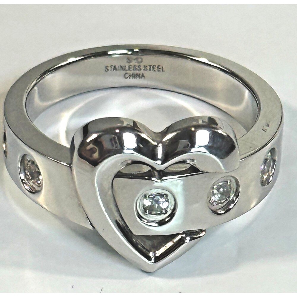 SMD Y2K Stainless Steel Crystal Heart Belt Buckle Ring Size 10 McBling